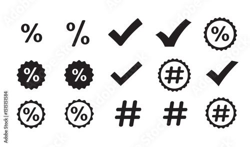 Collection of simple black icons representing checkmarks hashtags and discount symbols
