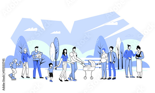 People visit a park with their family for a leisurely walk and enjoy the nature. Engaged outdoor activities and bond with family and children, flat vector illustration isolated on white background.