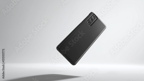Modern black smartphone floating on plain white studio background, showcasing its sleek design and advanced camera system