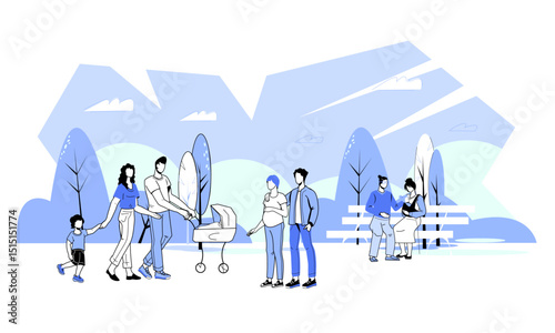 Families with children in nature explore the park, go for a walk, and engage in fun activities together, flat vector illustration isolated on white background. City park.