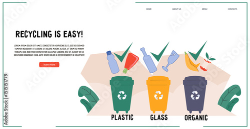 Waste management and separation, website banner for recycling and eco friendly concept. Sorting and separate waste collection to minimize environmental impact, vector banner design.