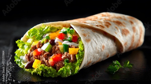  Beef Burrito Wrap Close-Up on Black Slate