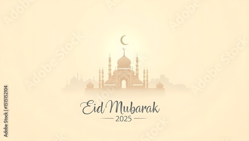 Crescent Moon and Eid Mubarak 2025 Message in Ornamental Style photo