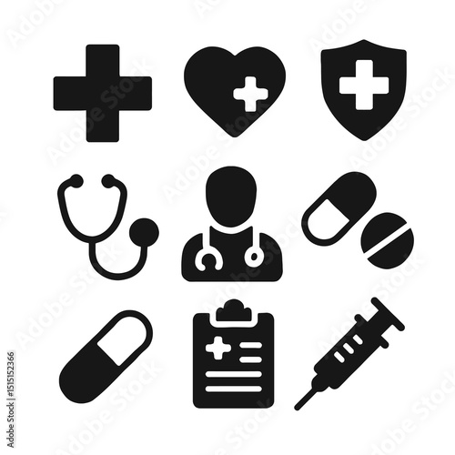 Black icon set of healthcare symbols including heart rate, stethoscope, pill, cross, and medical report. Clean, minimal, and modern design