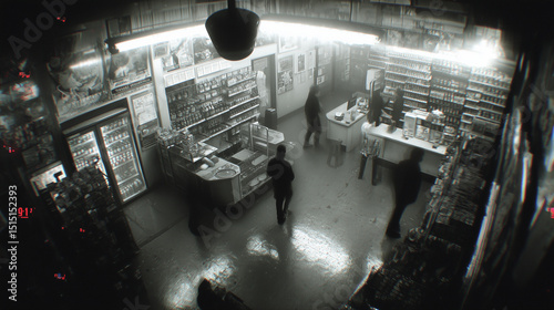 Grainy black and white security camera footage captures customers and clerks interacting in a brightly lit convenience store