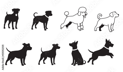 Diverse group of playful dog silhouettes and outlines representing various breeds on white background