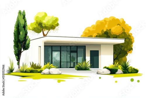 Modern Minimalist House Surrounded by Lush Greenery and Trees