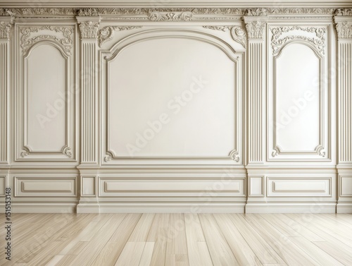 A classic white interior space with blank walls and elegant moldings.