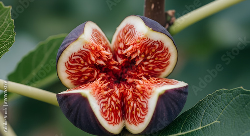 Fresh fig sliced open reveals vibrant inner texture and seeds. Close-up of fruit cross-section on light background. Concept for gourmet food, healthy eating. Holiday: harvest season.