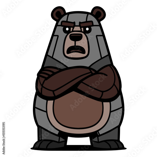 A cartoon bear with a scowl on its face and crossed arms. The bear is standing in a white background