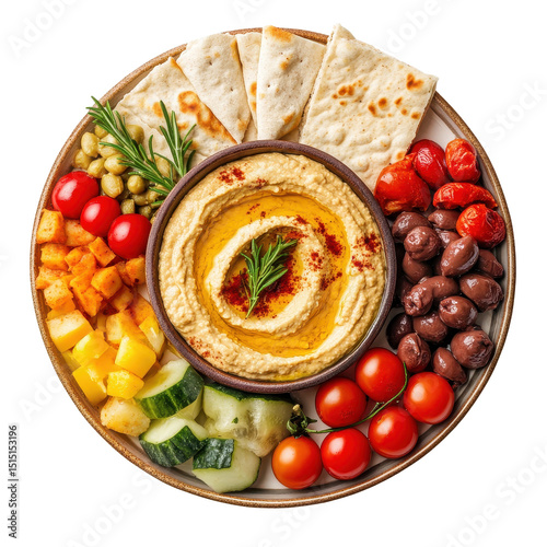 Colorful platter of hummus with fresh vegetables, pita, and olives arranged for a healthy snack or appetizer