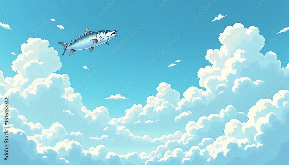 Fototapeta premium Fish Flying in Cloudy Sky Illustration