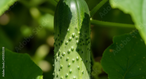 Fresh cucumber growing on vine in natural sunlight, showing vibrant green color and detailed texture. Garden-fresh organic produce in natural setting. Concept: Organic farming, healthy eating