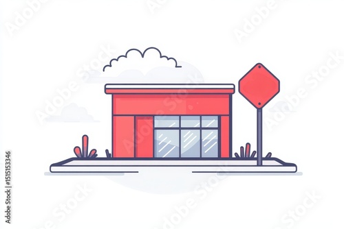 Modern Single-Story Building with Red Exterior and Stop Sign