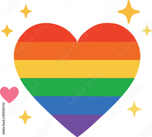 A colorful heart in the colors of the rainbow flag is surrounded by a pink heart and sparkling yellow stars on a white background - a symbol of support, love and pride.