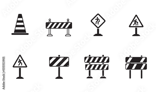 Set of illustrated road construction signs and safety barriers in black and white