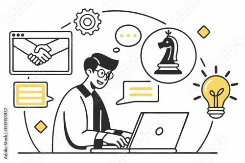 Businessman working on laptop in office cartoon illustration