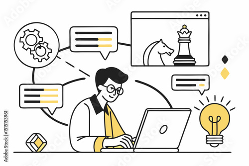 Businessman working on laptop in office cartoon illustration