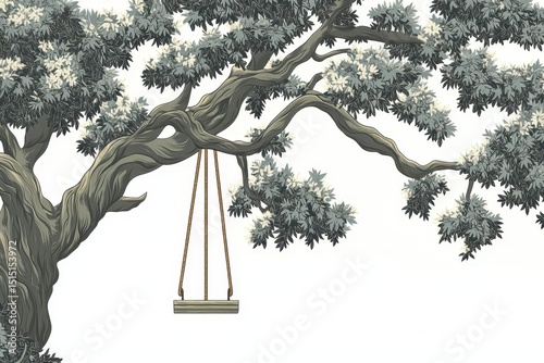 Nostalgic Swing Hanging from a Large Tree with Lush Green Leaves