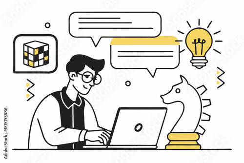 Businessman working on laptop in office cartoon illustration