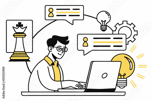 Businessman working on laptop in office cartoon illustration