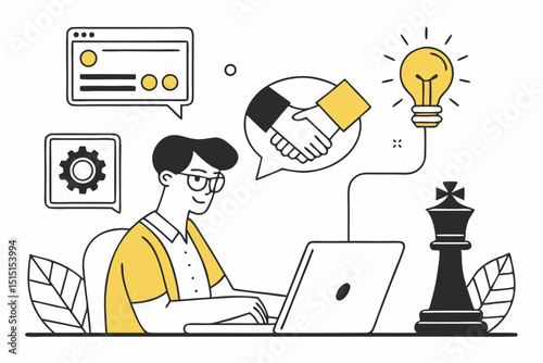Businessman working on laptop in office cartoon illustration