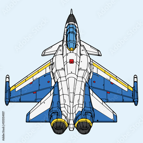 Futuristic jet airplane design showcasing detailed blue and white body with yellow accents, featuring aerodynamic styling and modern conceptual elements, ideal for technology or aviation-themed themes
