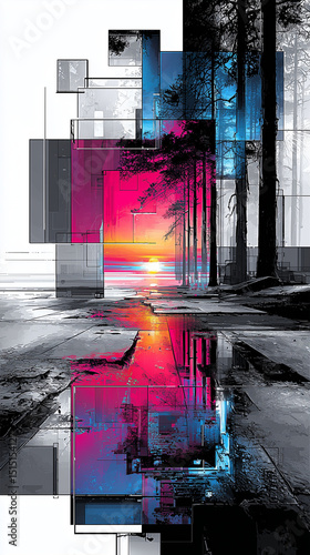 Surreal urban landscape showing sunset reflecting on wet concrete floor with glitch and trees