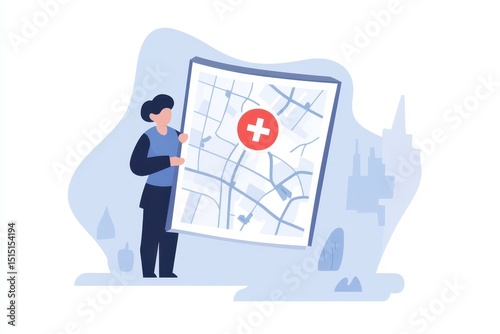 Person Holding a Map with a Medical Symbol in an Urban Setting
