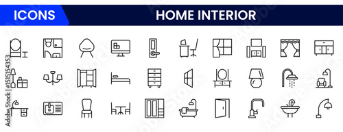 Vector illustration web line icon collection showcasing home interior elements such as furniture, lighting, décor, layout, cozy spaces, modern design, and comfortable living.
