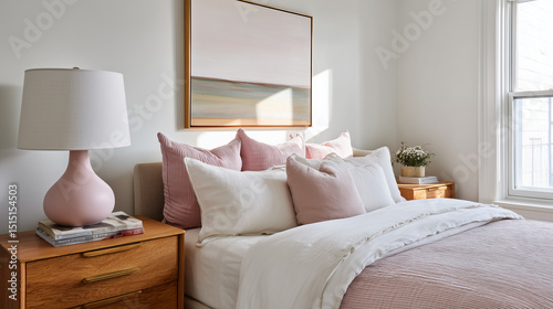 Soft sunlight filtering across pastel bedroom, casting warm glow on plush pink bedding and calm interior space