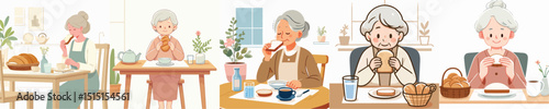 vector of a grandmother eating bread