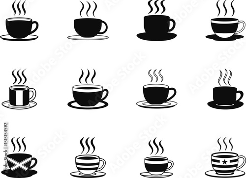 Varied coffee cups showing steaming beverage patterns offer diverse monochrome themes on a white background