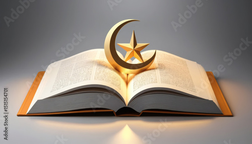 Open Book with Crescent Moon and Star - Islamic Symbolism