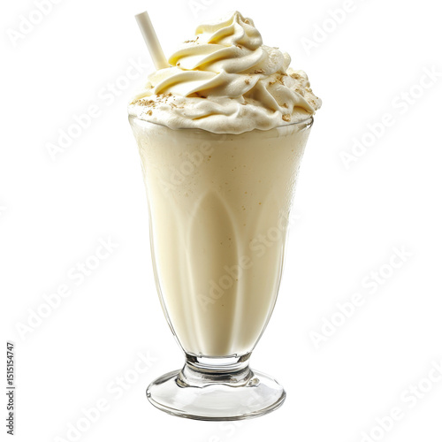 Creamy vanilla shake topped with whipped cream served in a tall glass with a straw
