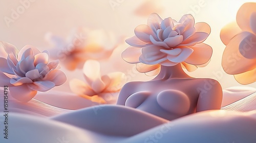 A woman's upper body is obscured by a large flower.