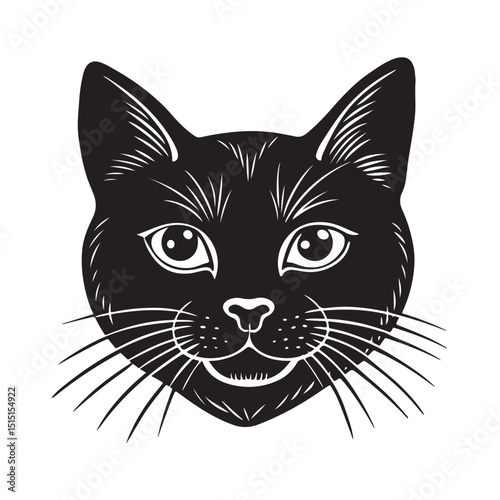 Elegant Black Cat Face Illustration with Bold Whisker Details