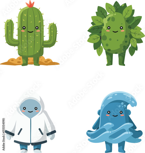 Cute cartoon characters cactus leaf creature eskimo wave person nature elements vector illustration 