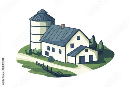 Rustic Farmhouse with Silo on Countryside Landscape Illustration