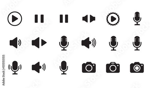 Vector icons collection illustrating audio video photography interface elements and controls