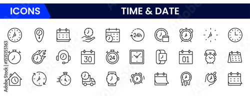 Vector illustration web line icon collection depicting clocks, calendars, timers, schedules, deadlines, time management, appointments, and date tracking for efficient organization.
