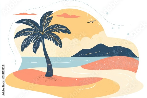 Serene Tropical Paradise with Palm Tree and Gentle Waves at Sunset