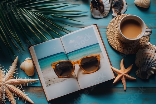 Flat Lay of Travel Book with Sea Images, Palm Leaves, Shells, Starfish, and Straw Cup – Beach Holiday Inspiration Scene
