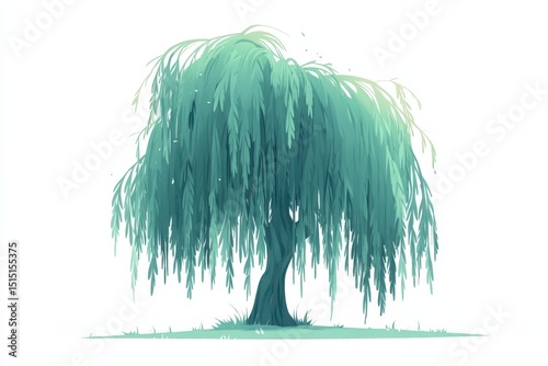 Serene Weeping Willow Tree Illustration with Vibrant Green Leaves