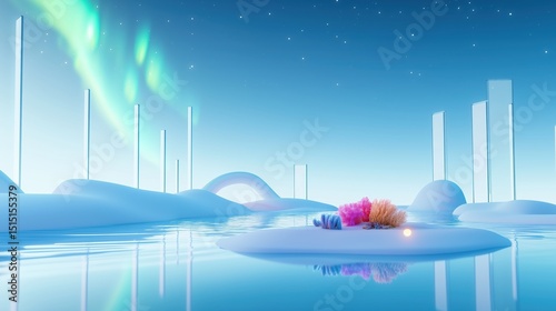 Minimalist surreal landscape with aurora borealis