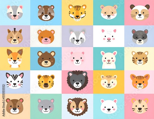 Cute animal faces in a grid pattern