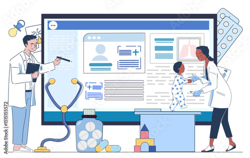 Pediatricians examining a child with medical records on a large screen, surrounded by pills, stethoscope, and toys, on white background. Concept of child healthcare. Vector illustration
