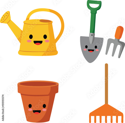 Cute Gardening Tools with Smiling Watering Can Shovel Fork Pot and Rake Vector Illustration 