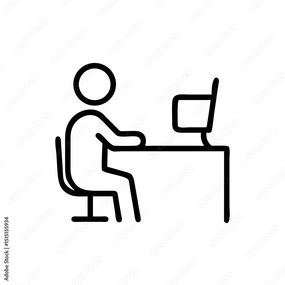 Stick figure working on computer while seated at desk Stick figure working on computer while seated at desk