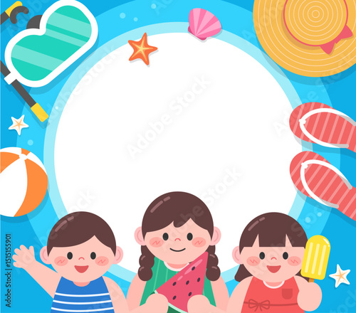 행복한 아이들과 해변 소품이 있는 여름 방학 프레임_Summer Vacation Frame with Happy Kids and Beach Items